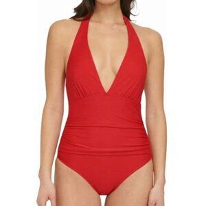 NWT! Tommy Hilfiger Scarlet Red Ribbed Halter One Piece Swimsuit NEW!